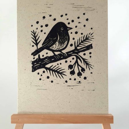 Linoldruck „Wintervogel“ – handgemachter Kunstdruck auf nachhaltigem Graspapier (A5)