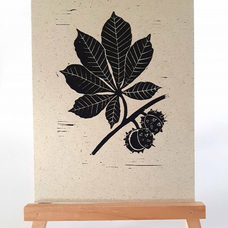 Linoldruck „Kastanienblatt“ – handgemachter Kunstdruck auf nachhaltigem Graspapier (A5)